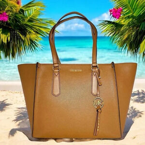 Michael Kors Large Luggage Brown Leather Kris Travel Career Work Tote Bag NWT